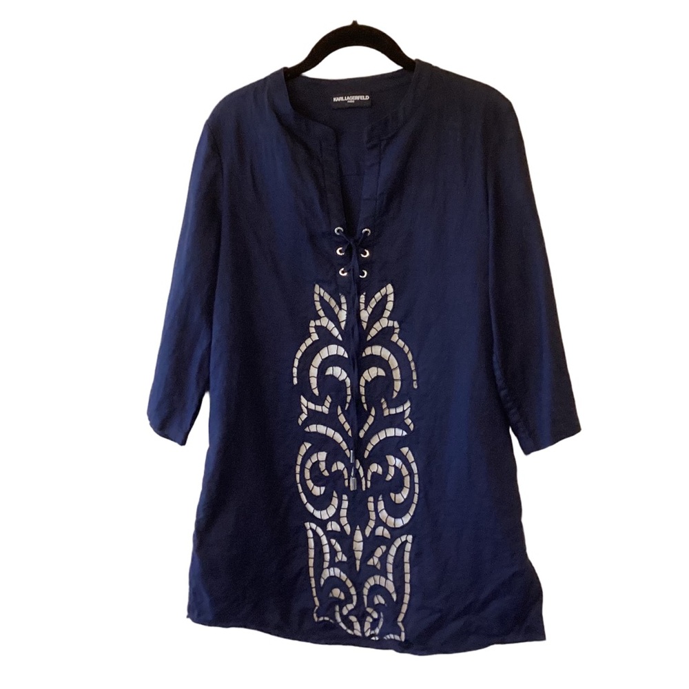 KARL LAGERFELD PARIS SAMPLE Linen Lace-Up Mini Dress W/Cut-Out Detailing Blue M